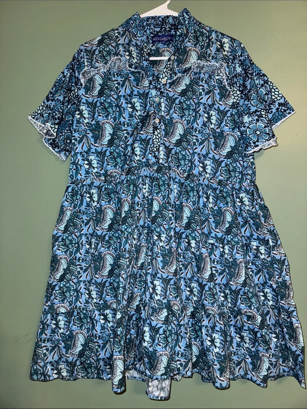Ro’s Garden 100% Cotton Blue Block Print Short Sleeve Flutter Dress Medium - Picture 2 of 8